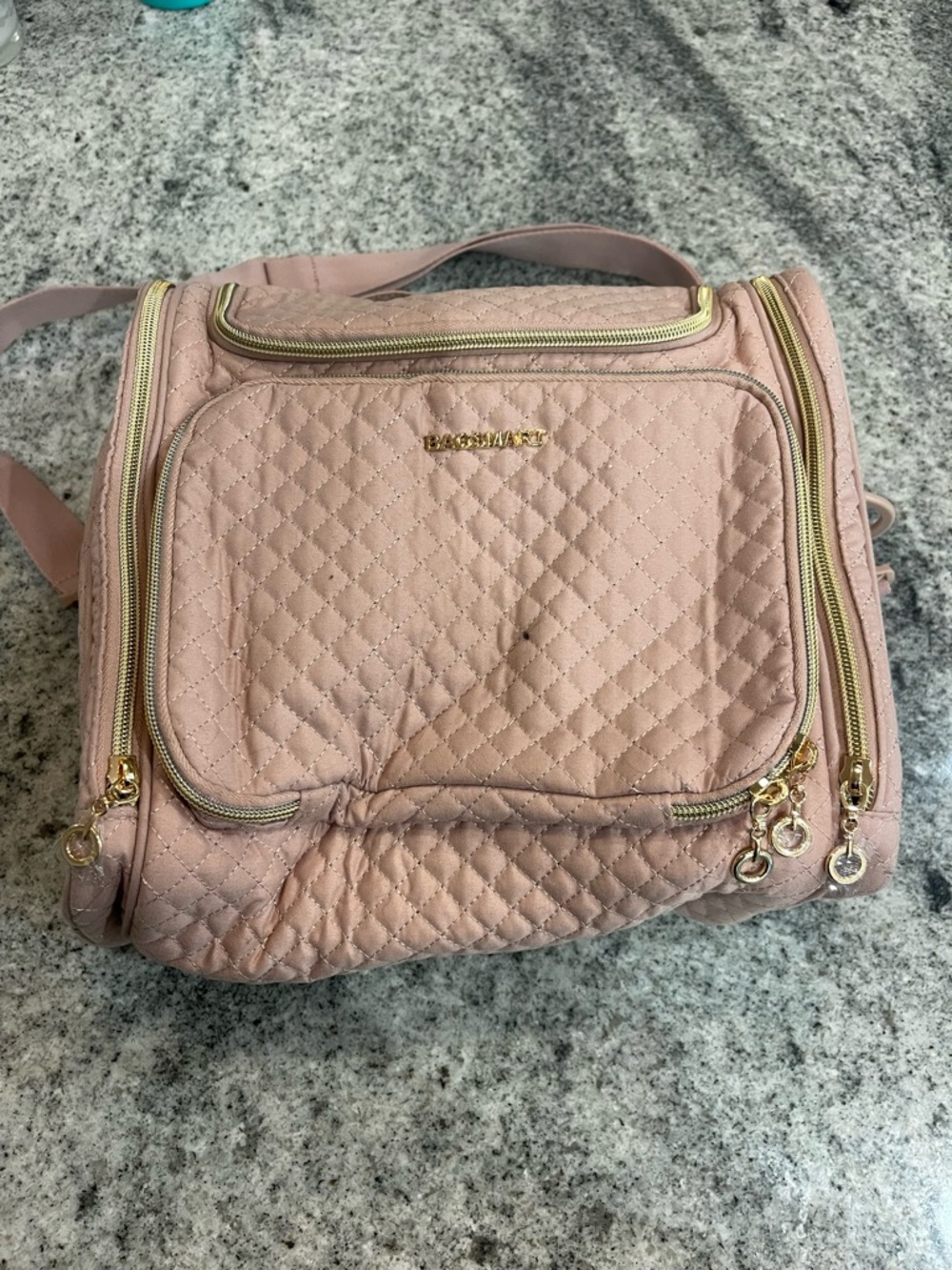 Quilted Blush Pink Crossbody Cosmetic Travel Bag with Gold Accents